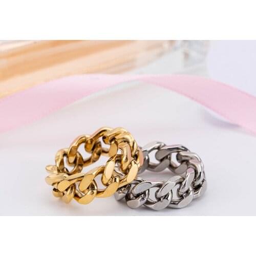 Fashion Punk Ring Simple Cool Accessories Stainless Steel Hip Hop Women Gold Plated Chain Ring Party Finger Jewelry Size Us6-10