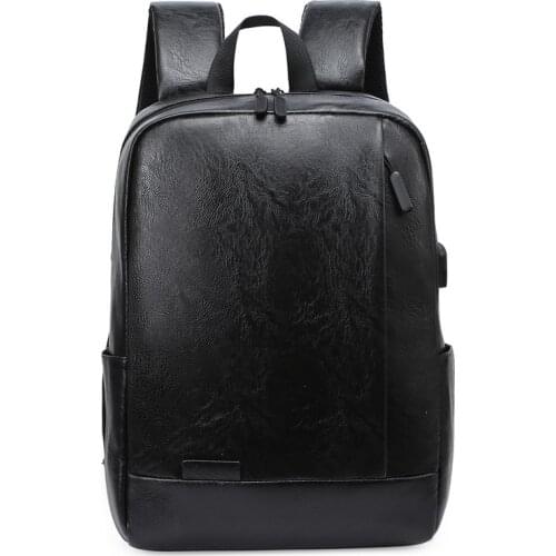 Mens PU Leather Black Laptop Backpack Waterproof USB Charging Lightness Back Bags Travel School Outdoor Bagpacks Man New 2021