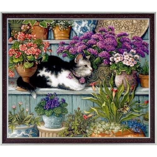 Needlework Craft 14CT unprinted embroidery Cat Animal Counted Cross Stitch Kit/Set Oil painting Blossom Rests Among Flowers
