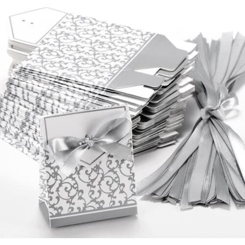 New 50x Boite a Dragee Wedding Decoration Accessory Table Baptism Flower Fete Argente