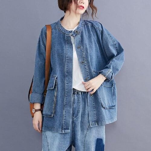 NEW denim washed women coat spring/autumn jeans jackets vintage chinese style stand collar shirt cardigan causal clothing
