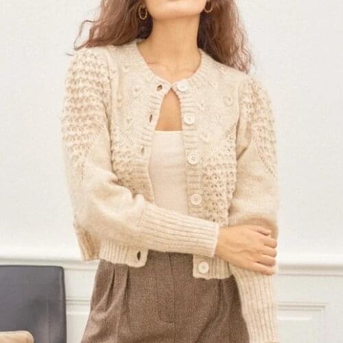 2020 Autumn and Winter New Hollow Knit Sweater Puff Sleeve Long Sleeve Single-breasted Cardigan All-match Sweater Women