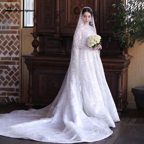 Luxury Sequined Lace Muslim Wedding Dresses with Veil Court Train gelinlik modeller A Line Bridal Gown in dubai amanda novias