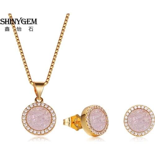 ShinyGem Natural Stone Micro Pave Luxury Cubic Zirconia Jewelry Sets For Women Wedding Necklace/Earring Crystal Gem Contracted