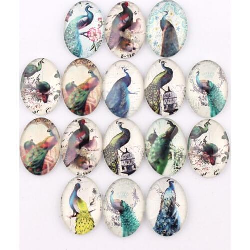 Handmade 4 Size Glass Mix Peacock Oval Flatback Cameo Cabochon Domed DIY Jewelry Charm Photo Pendant Setting