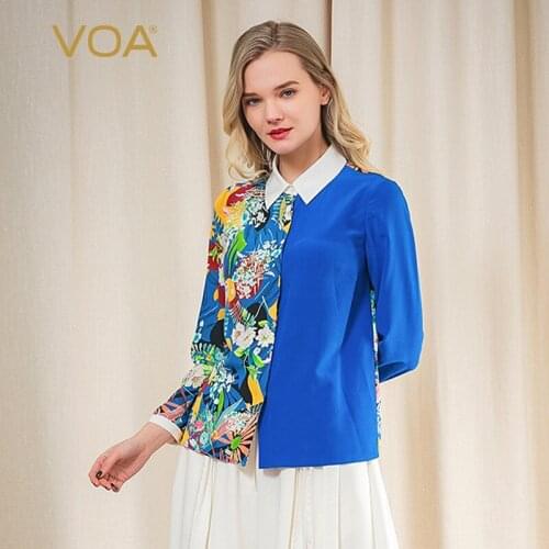 VOA Silk 16m/m Print Crepe-De-Chine Polo Collar Contrast Stitching Single-Breasted Long Sleeve Literary Hipster Shirt B9611