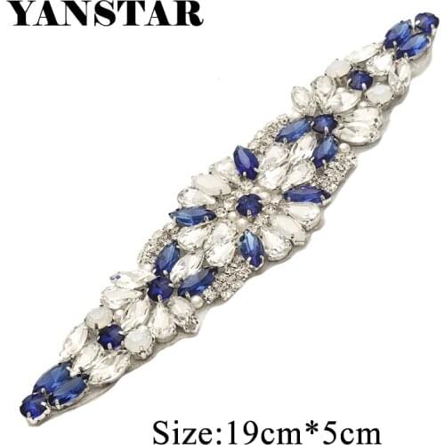 YANSTAR(1pcs) Bridal Sash Silver and blue Crystal Rhinestones Appliques Iron On For Wedding Dress Sash wedding decoration YS934B