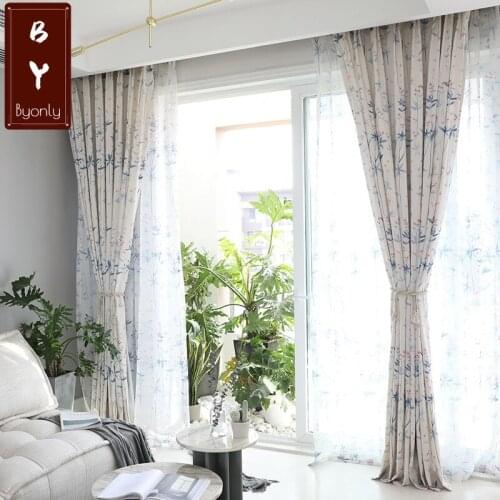 Simple Curtains for Living Room Bedroom Flower Curtain Polyester Cotton Window Curtains Tulle High Shade Blue Curtain