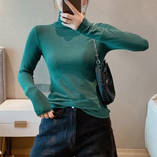 Women Long Sleeve Turtleneck Slim Korean Soild Basic T-shirt Female Elasticity White Mujer Camisetas Femme T-shirts Tops