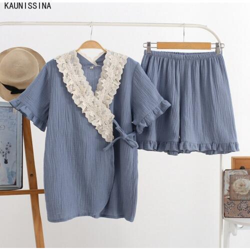 Womens Sleepwear Short Sleeve Kimono Tops Shorts Pajamas Set Double Layer Gauze Cotton Sweat-Absorbent Summer Pajama Home Wear
