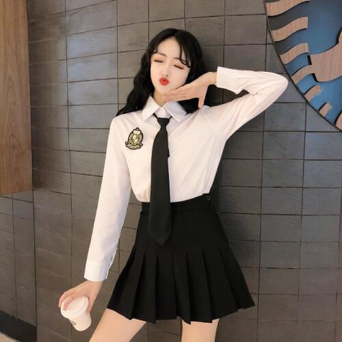 Female Shirt Tie College Wind big size JK Korean Students 2020 Spring Long-sleeved White Shirt School Skirt Uniform College