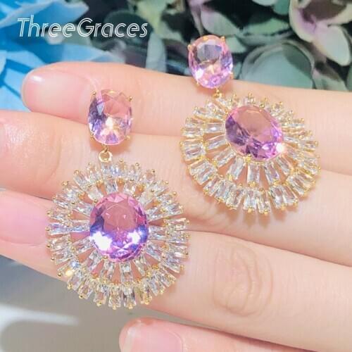 ThreeGraces Shiny Pink Sapphire Round Cubic Zirconia Big Flower Long Dangle Drop Earrings for Women Costume Prom Jewelry ER378