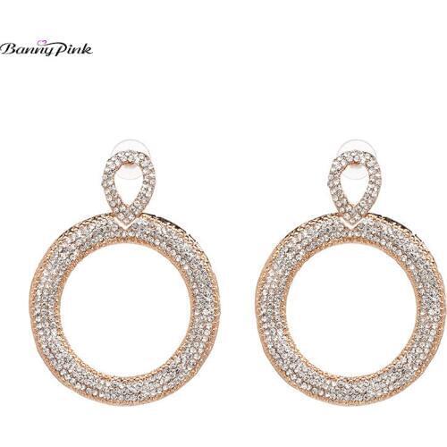 Banny Pink Luxury Full Rhinestone Crystal Pendant Earrings For Women Party Chunky Geo Round Waterdrop Statement Post Earrings