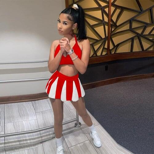 Preppy Styie Color Block Women 2 Piece Skirt Set Summer Outfit Halter Backless Bra Top and Pleated Mini Skirt Co-ord Outfits