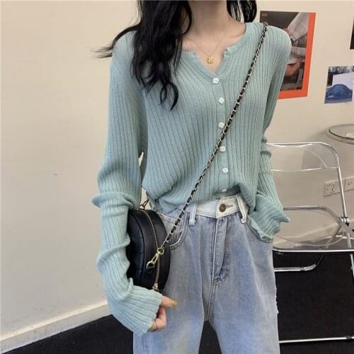 Womens New Autumn Thin Cardigans Fashion Chic V Neck Long Sleeve Solid Color Single Breasted Short Knitted Sweater Outwear Tops