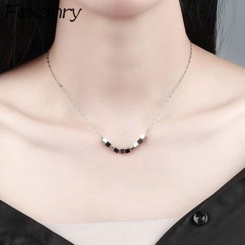 FOXANRY 925 Sterling Silver Sweater Necklace for Women Trendy Elegant Charming Vintage Simple Cube Geometric Girl Party Jewelry