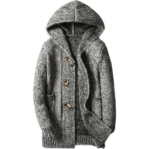 2021 Winter Fashion Men Cardigan Sweater Casual Hooded Long Coat Knitwear Horn Button Jacket Men Clothing Korean Style