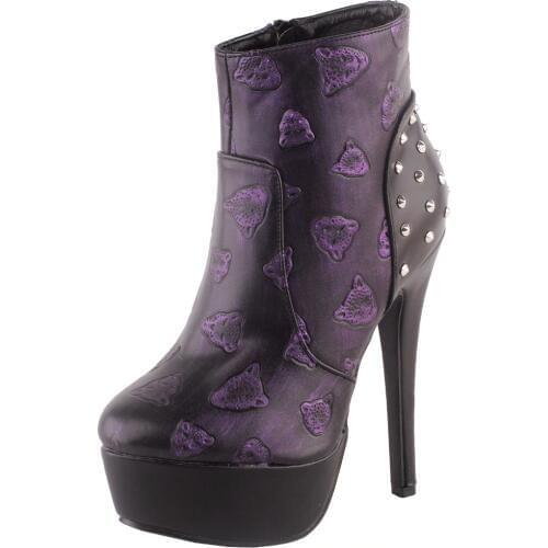 LF80862 SHOW STORY Punk Black Stud Leopard Head Print Platform Stiletto Ankle Bootie Boot