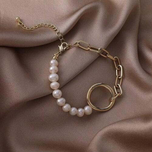 Origin Summer Asymmetric Baroque Freshwater Pearl Beaded Bracelets for Women Girls Gold Circle Hollow Chain Bracelets Jewelry