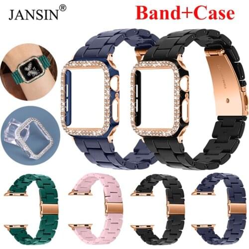 Diamond Case+Resin Strap For Apple Watch Band 42mm 38mm Correa Colorful Woman Band For Apple Watch 44mm 40mm SE 6 5 4 3 Bracelet