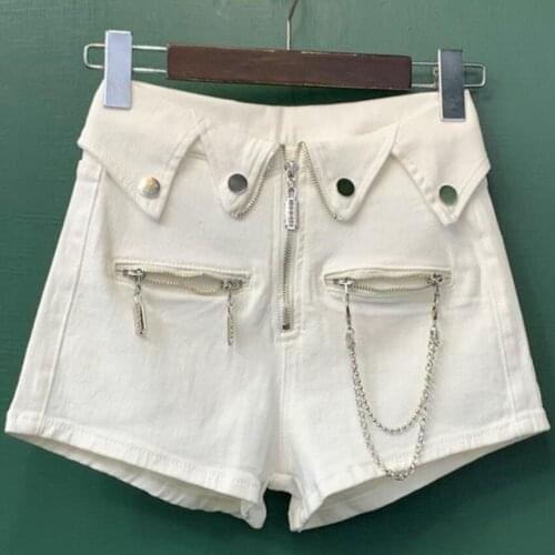 Denim shorts women summer high waist heavy industry button chain wide leg jeans shorts