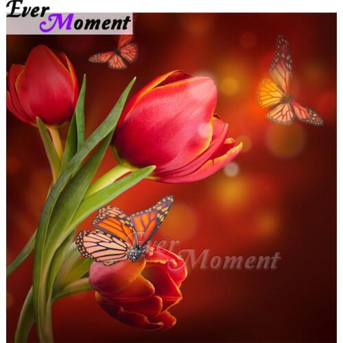 Ever Moment Diamond Painting Red Flower Butterfly Handmade Full Square 5D DIY Picture Of Rhinestone Diamond Embroidery ASF1575