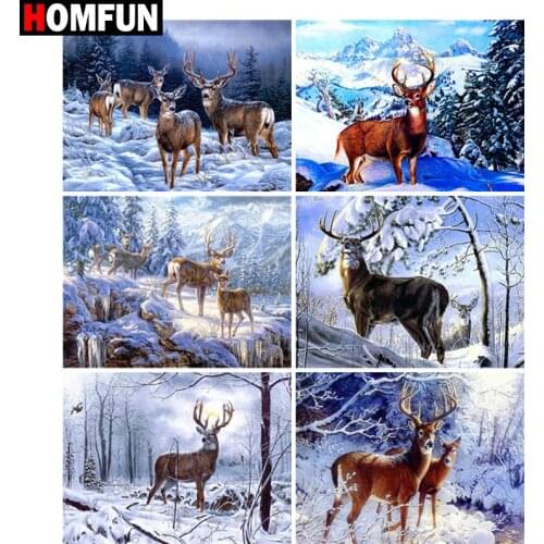 HOMFUN 5D Diamond Pattern Rhinestone Needlework Diy Diamond Painting Cross Stitch "Animal deer snow scene" Diamond Embroidery