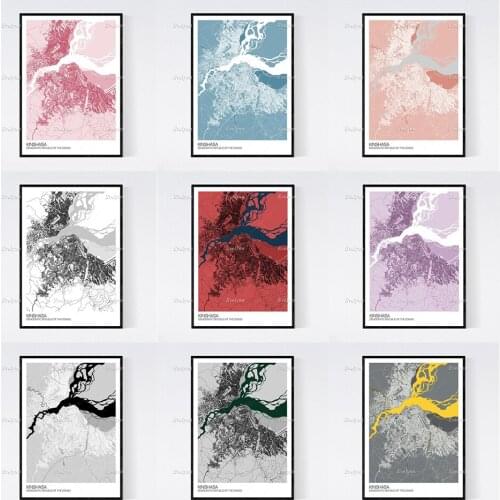 Kinshasa, Congo Map Nordic Retro Minimalism Painting Poster and Print on Canvas Wall Art Modular Picture Home Decoration Cuadros