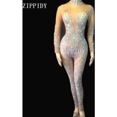 Silver Rhinestones Nude Jumpsuit Sexy Performance Bodysuit Female Singer Rompers Stage Wear Birthday Dance Wear Stretch Outfit