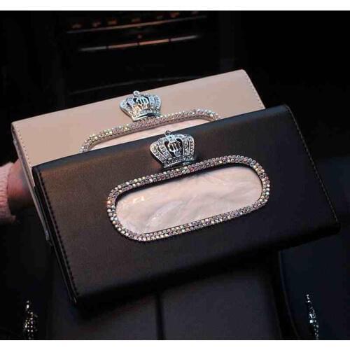 Crown Crystal Car Tissue Box Sun Visor PU Leather Auto Tissue Bag Sunvisor Hanging Holder Case Napkin For Car Accessories