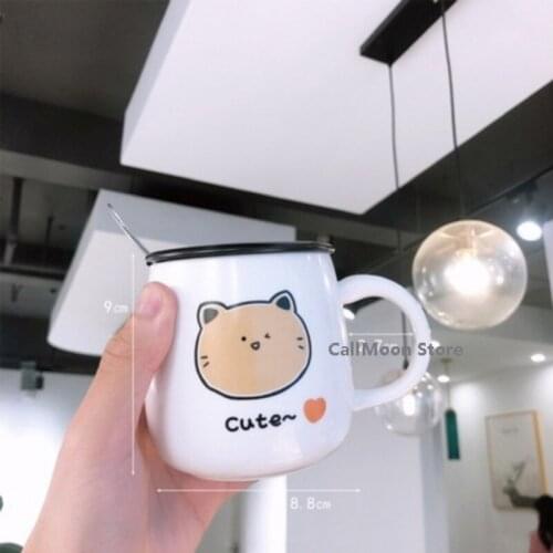 Mug with Lid and Spoon 390ml Cute Boys and Girls Kawaii Mugs Ins Ceramic Cup Student Korean Style Cartoon Coffee Mug Couple Cup
