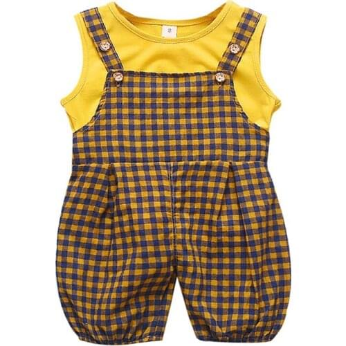 Summer Baby Casual Costume Set Girls Clothes Kids Sleeveless Cartoon Vest Tops+Plaid Suspenders Bib Pants Shorts Girls Suits