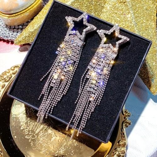 Fashion Long Tassel Crystal Earrings for Women Bijoux Luxury Shiny Gold Color Star Dangle Earrings Jewelry Gifts