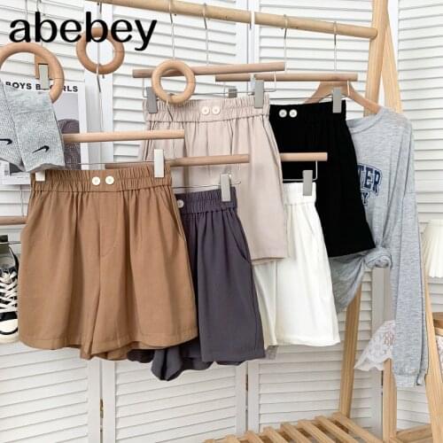 Fashion versatile solid color Shorts elastic waist two button high waist pleated casual wide leg Shorts 2021 New Summer