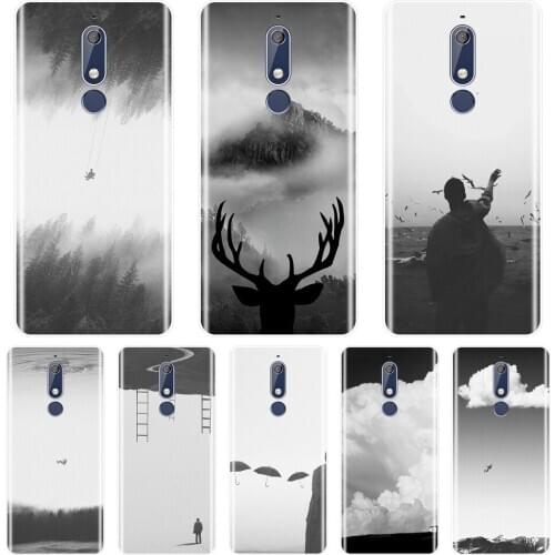 Soft Phone Case For Nokia 3.2 4.2 Silicone Black White Art Retro Deer Cloud Forest Back Cover For Nokia 2.1 3.1 5.1 6.1 7.1 Plus
