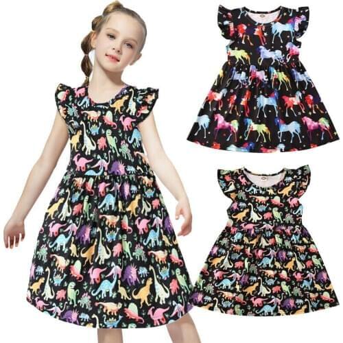 1-6T Toddler Kids Baby Girl Clothes Short Sleeve Cartoon Unicorn Dinosaur Dress Elegant Cute Sweet Princess Summer Party Dress
