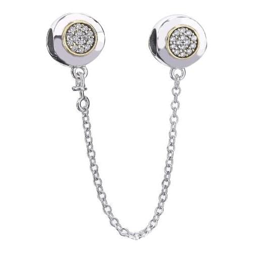 Genuine 925 Sterling Silver Bead Charm Two-tone Signature With Crystal Safety Chain Beads Fit Pan Bracelet Diy Jewelry