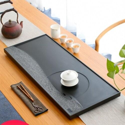 Tea tray black stone water draining serving tray invisible outlet China weighted tea table multi-size tea boat on sales