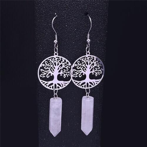 Bullet Hexagonal Pendulum Reiki Chakra Pink Natural Crystal Stainless Steel Earring Women Tree of Life Boho Jewelry bijoux E8000