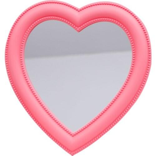 Pink Love Shape Desktop Cosmetic Mirror, Plastic Frame, Wall Hanging Dual Purpose Makeup Mirror Decoration for Girls