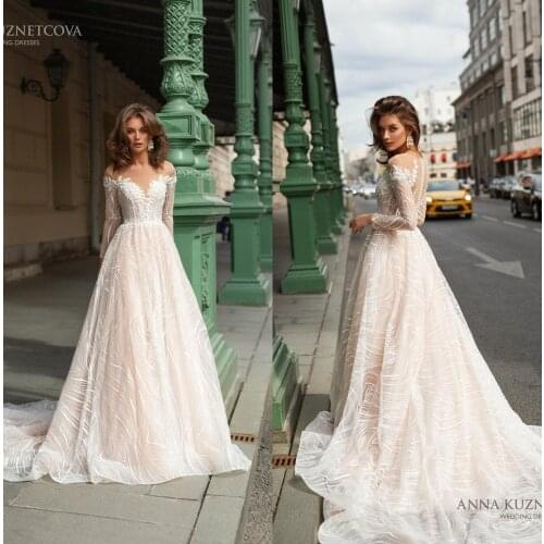 Fashion Wedding Dresses Long Sleeves Full Lace Appliques Bridal Gowns Custom Made Button Back Sweep Train A-Line Wedding Dress