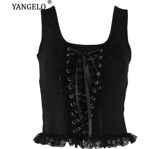 Yangelo Gothic Bandage Zipper Vest Women Short Camisole Square Neck Knitting Lace Girls Sexy Slim Fashion Tank Tops 2020 New