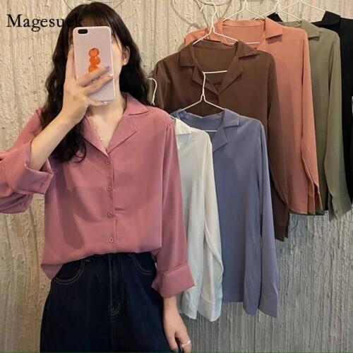 Fashion Suit Collar Loose Drape Long Sleeve Chiffon White Shirts Women Korean Spring and Autumn Pink All-match Tops Blouse 12201