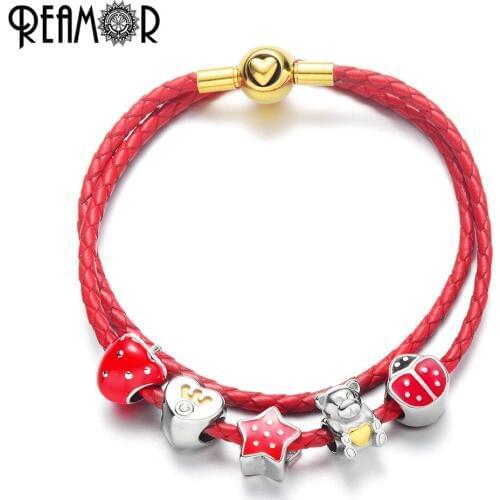 REAMOR Red Genuine Leather Chain Women Bracelet Heart Crown Cute Bear Beads Charm Bracelets & Bangles for Femme Jewelry
