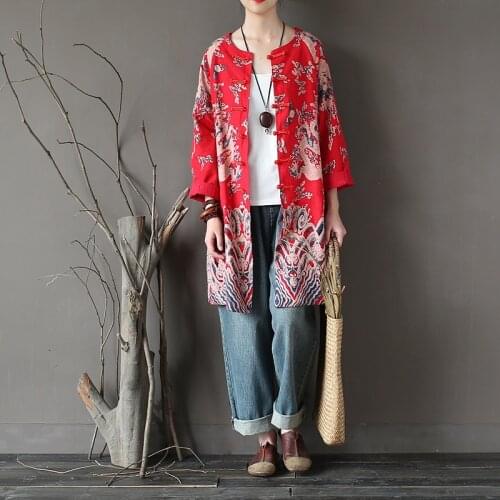 Women 2019 Autumn literary Vintage Cotton Linen Handmade Button Dragon print Trench Coat Retro Outwear Overcoat Single breasted