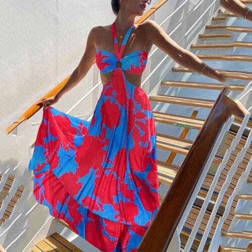 New Spring Printing Backless Loose MaxiDress Sexy Halter Hollow Out Boho Long Dress Women Casual Sleeveless Ruffle Summer Dress