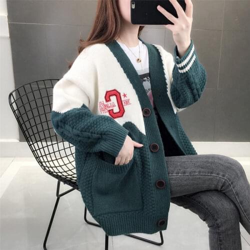 2021 new womens autumn and winter Korean loose knitted cardigan versatile casual fashion long-sleeved color-block sweater top