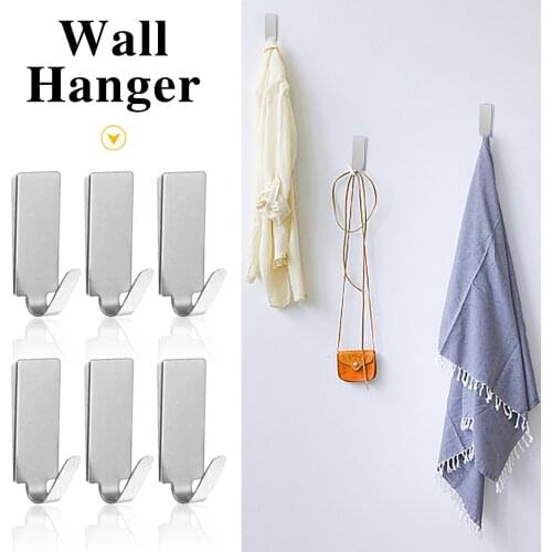 6pcs Stainless Steel Towel Hook Wall Door Key Hanger Hat Rack Hangers Self-Adhesive Clothes Holder Kitchen Bath Supplies6pcs Sta