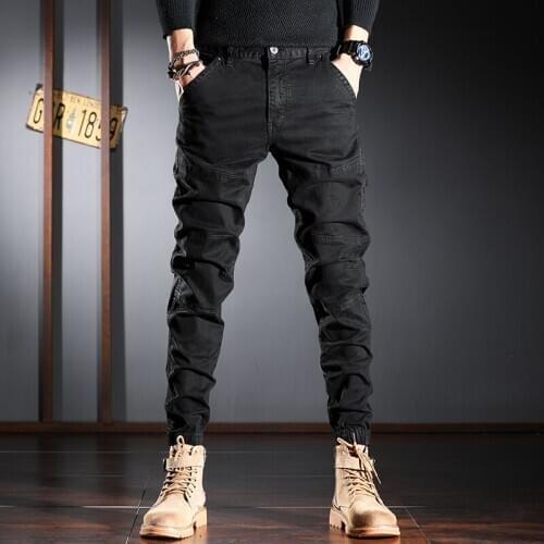 Pure Black Casual Pencil Pants Men 2021 Fashion Cotton Stretch Fit Trousers