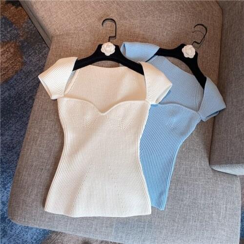 2021 Spring Summer Women Square Collar Sexy Strapless Short Sleeve Knitted Tshirt Top Womens T-shirt Ladies All-match T Shirts